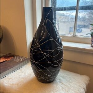 MCM Glossy Black Vase with White Accents